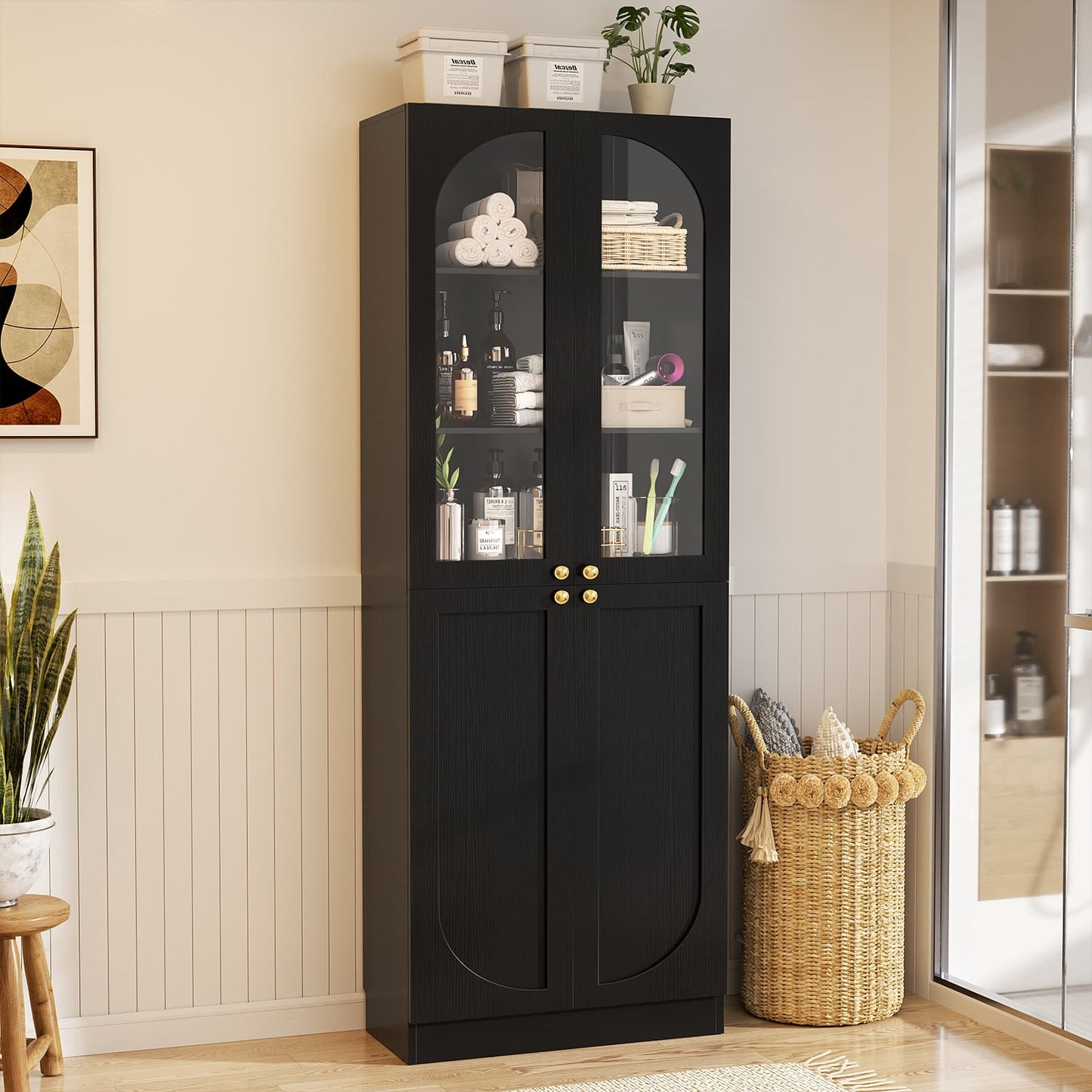80'' Tall 6-Tier Bathroom Storage Cabinet, Linen Cabinet with Glass Doors and Adjustable Shelves