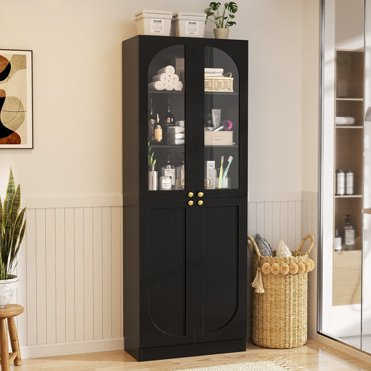 80'' Tall 6-Tier Bathroom Storage Cabinet, Linen Cabinet with Glass Doors and Adjustable Shelves