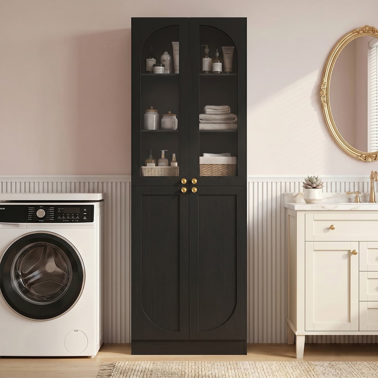 80'' Tall 6-Tier Bathroom Storage Cabinet, Linen Cabinet with Glass Doors and Adjustable Shelves
