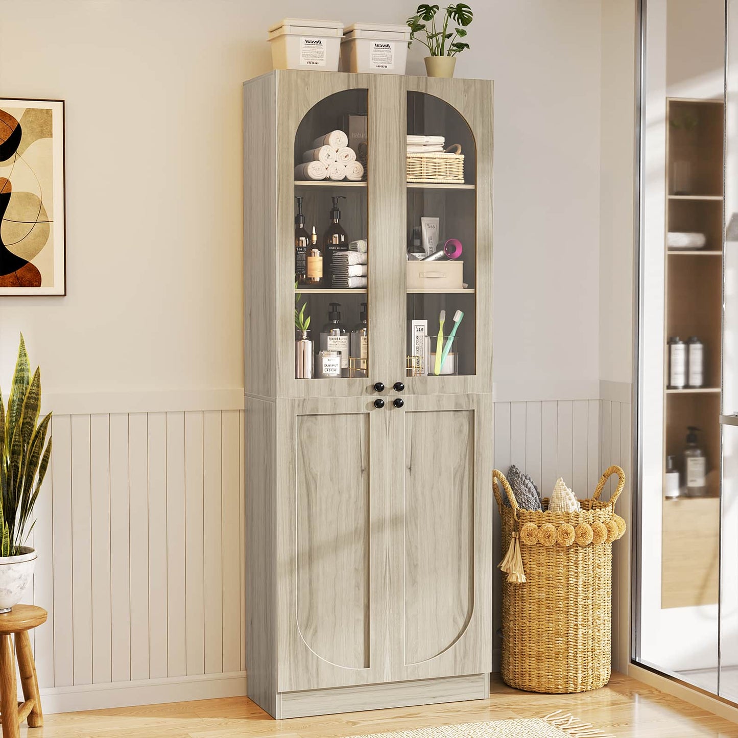 80'' Tall 6-Tier Bathroom Storage Cabinet, Linen Cabinet with Glass Doors and Adjustable Shelves