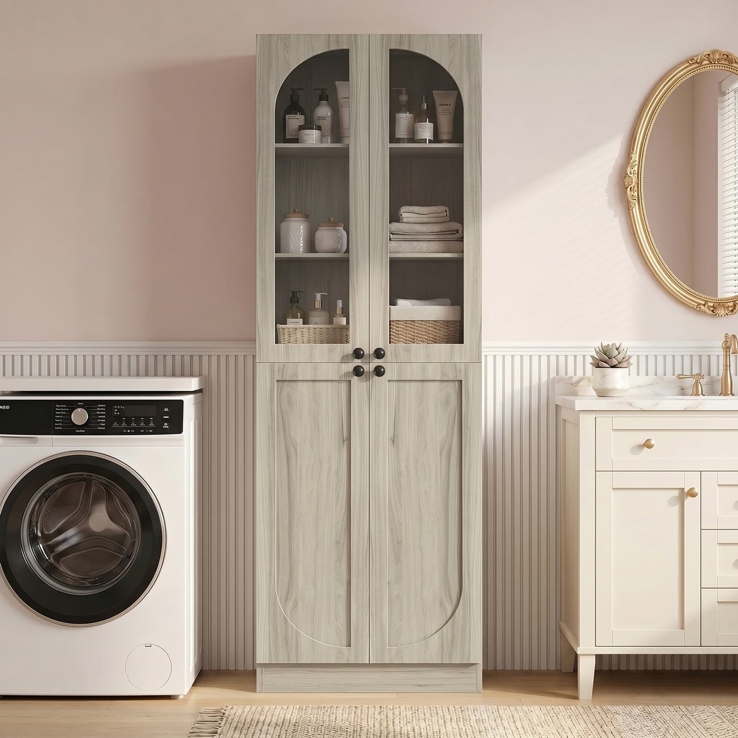 80'' Tall 6-Tier Bathroom Storage Cabinet, Linen Cabinet with Glass Doors and Adjustable Shelves