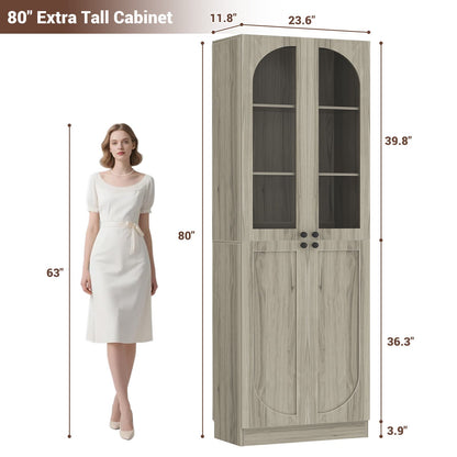 80'' Tall 6-Tier Bathroom Storage Cabinet, Linen Cabinet with Glass Doors and Adjustable Shelves