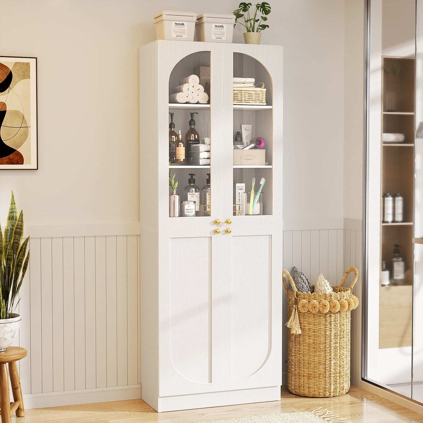 80'' Tall 6-Tier Bathroom Storage Cabinet, Linen Cabinet with Glass Doors and Adjustable Shelves