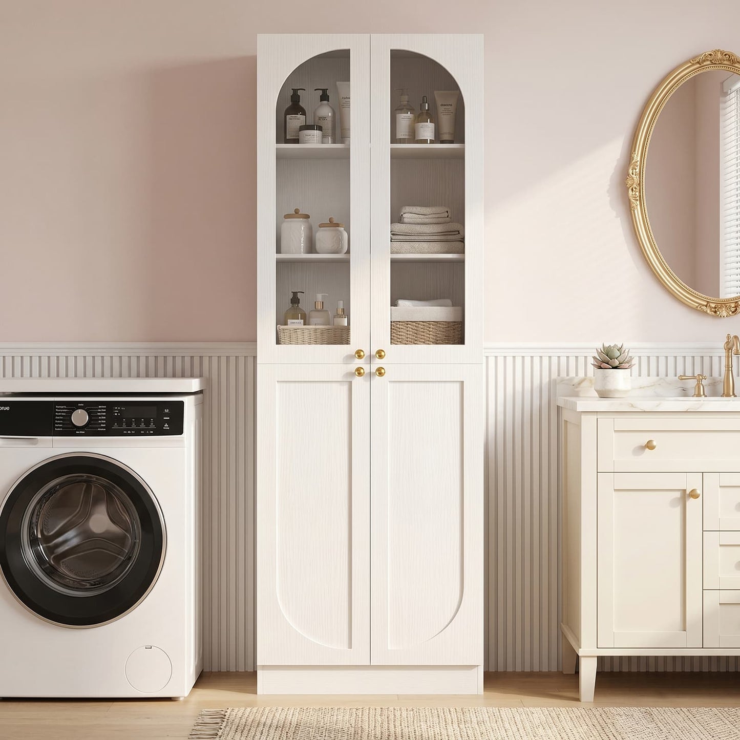 80'' Tall 6-Tier Bathroom Storage Cabinet, Linen Cabinet with Glass Doors and Adjustable Shelves