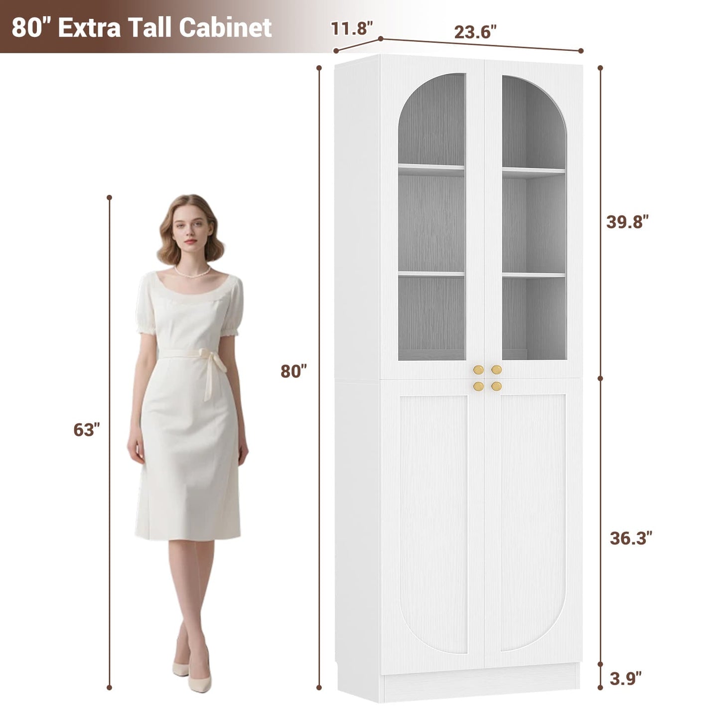 80'' Tall 6-Tier Bathroom Storage Cabinet, Linen Cabinet with Glass Doors and Adjustable Shelves