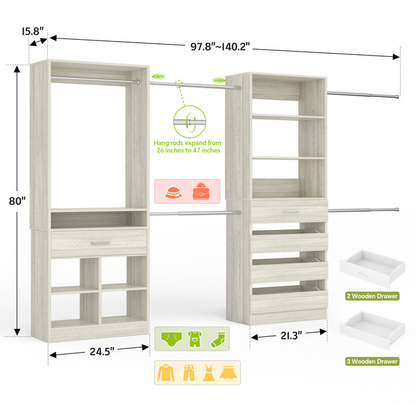 Freestanding Wardrobe Closet sets with 5 Wooden Drawers & 4 Hanging Rods, Cubby Storage & Tower Design