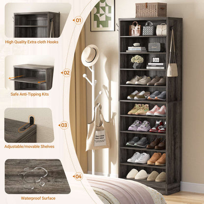 Tall Shoe Cabinet, 10 Tiers Narrow Wood Shoe Rack
