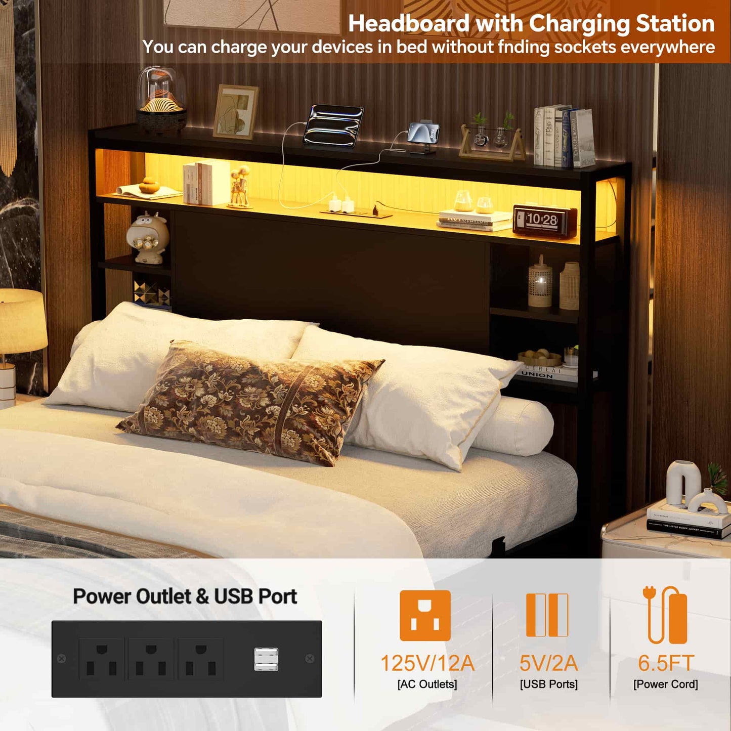 Full Headboard with Storage, Headboards with Power Outlets and Smart LED Light, Sturdy Head Board for Full Size Bed