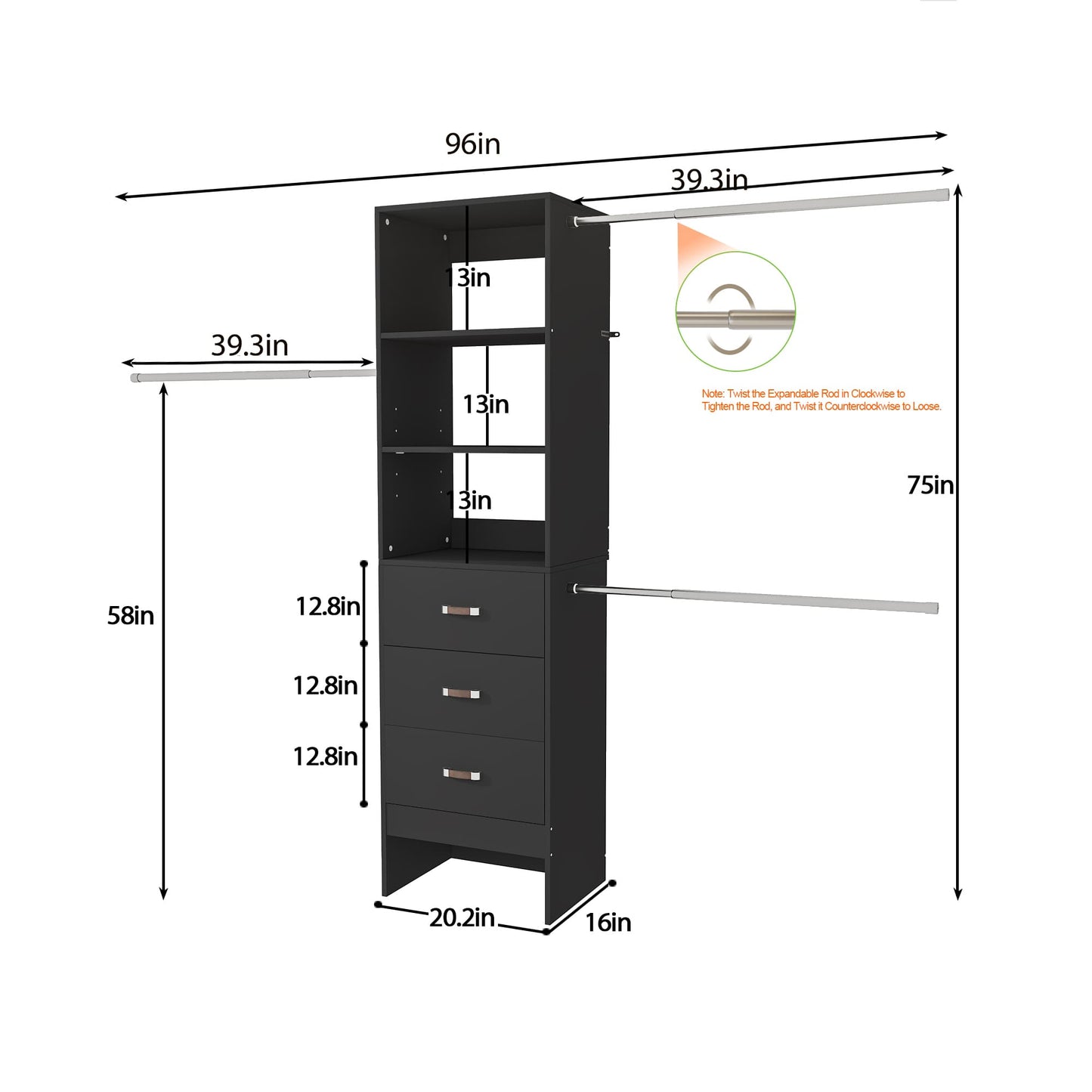 Adjustable 5-8FT Wall-Mounted Closet Organizer System with 3 Hanging Rods & 3 Wood Drawers