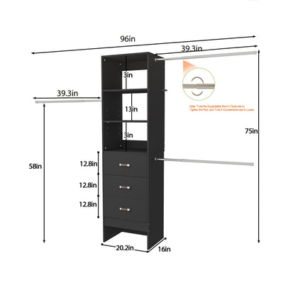 Adjustable 5-8FT Wall-Mounted Closet Organizer System with 3 Hanging Rods & 3 Wood Drawers