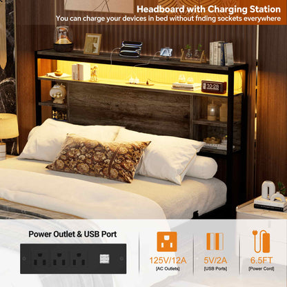 Full Headboard with Storage, Headboards with Power Outlets and Smart LED Light, Sturdy Head Board for Full Size Bed