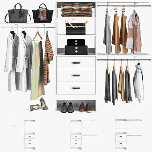 96‘’ W Closet System, Walk In Closet Organizer with 3 Shelving Towers