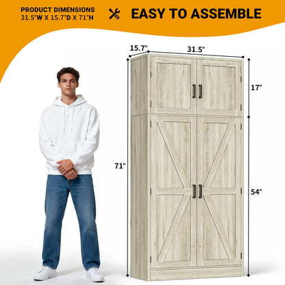 Farmhouse Kitchen Pantry Storage Cabinet with Adjustable Shelves and Barn Doors