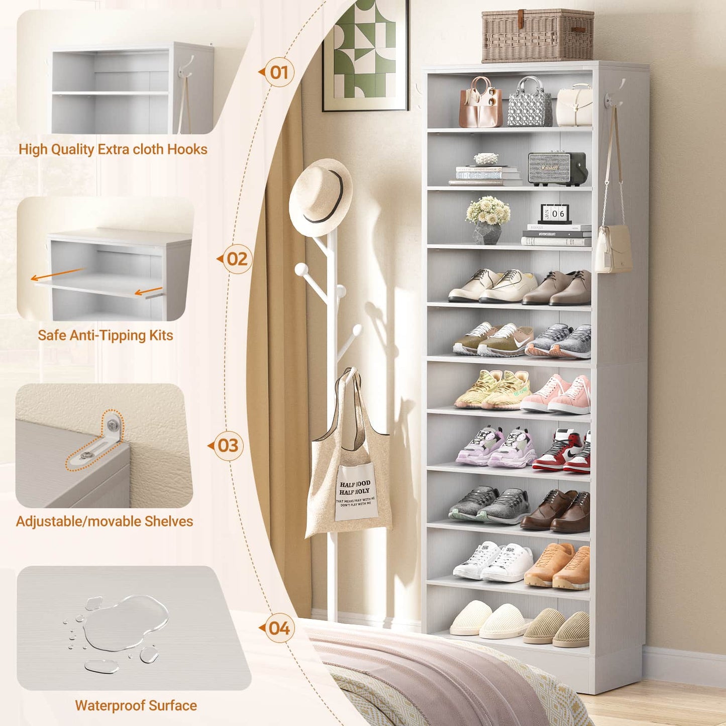 Tall Shoe Cabinet, 10 Tiers Narrow Wood Shoe Rack