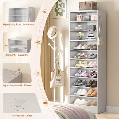 Tall Shoe Cabinet, 10 Tiers Narrow Wood Shoe Rack