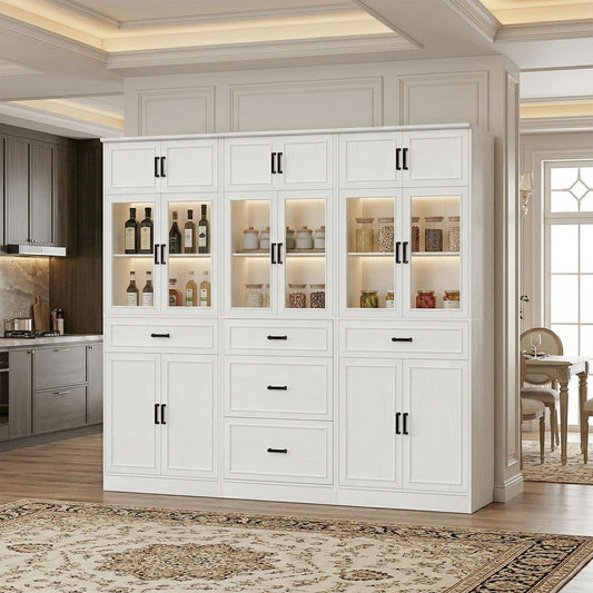 Farmhouse Storage Cabinet Bundle - 2-Pack 80" Tall Pantry Set + Single Tall Pantry Cabinet with Drawers, Space-Saving Design