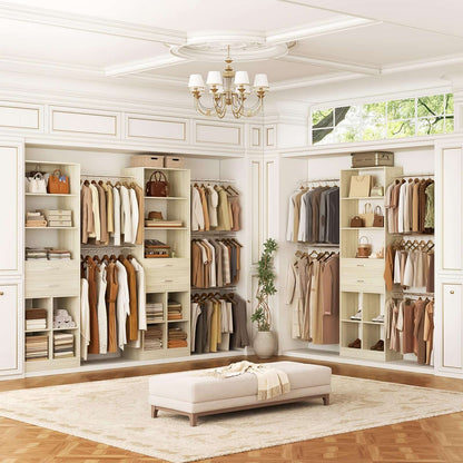 4-8 FT Walk-in Closet Organizer Tower, 2 Wooden Drawers + 5 Hang Rods, Built-in Shelves, Fit 60-96'' Closet Systems