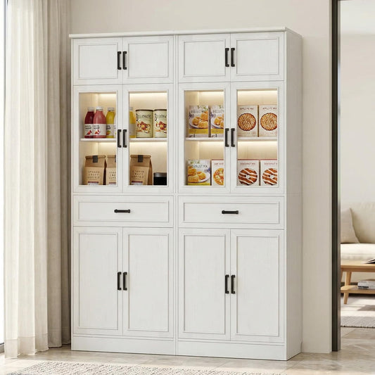 2-Pack 80" Tall Kitchen Pantry Cabinets - Freestanding Storage with Glass Doors, Adjustable Shelves & Drawer Organizer