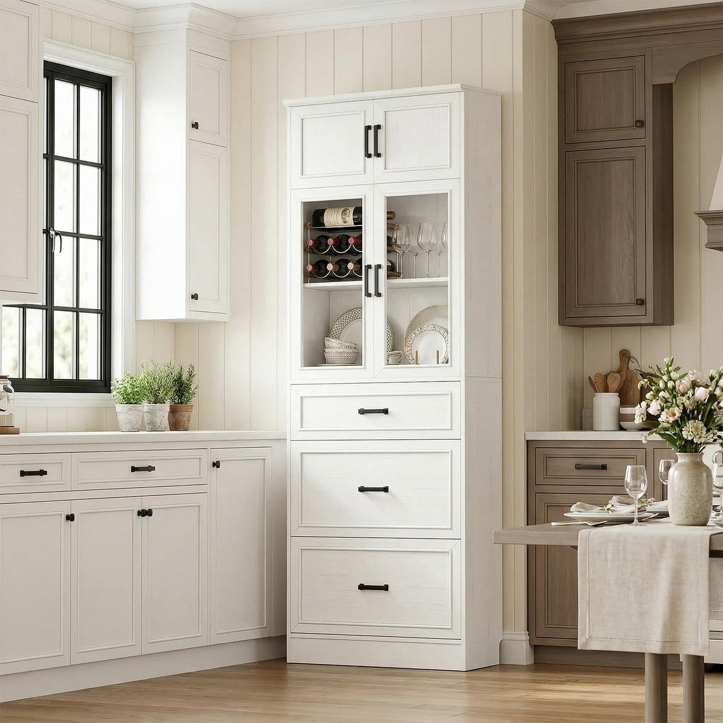 80" Tall Kitchen Pantry Cabinet with Glass Doors, 3 Drawers & Adjustable Shelves - Versatile Storage Cupboard