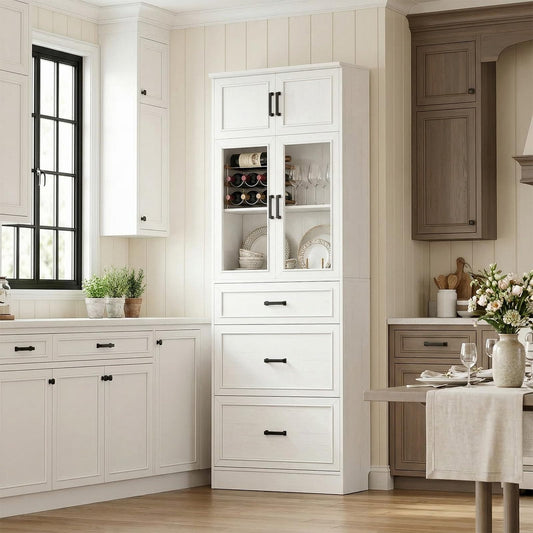 80" Tall Kitchen Pantry Cabinet with Glass Doors, 3 Drawers & Adjustable Shelves - Versatile Storage Cupboard