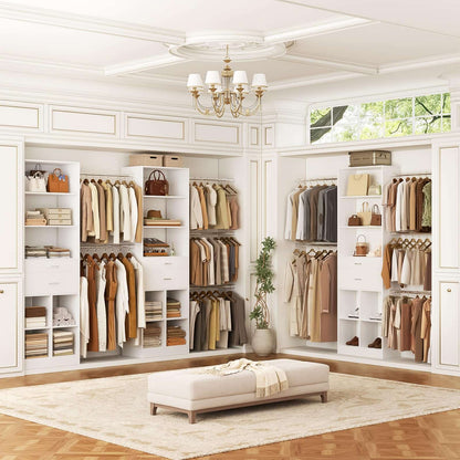 4-8 FT Walk-in Closet Organizer Tower, 2 Wooden Drawers + 5 Hang Rods, Built-in Shelves, Fit 60-96'' Closet Systems