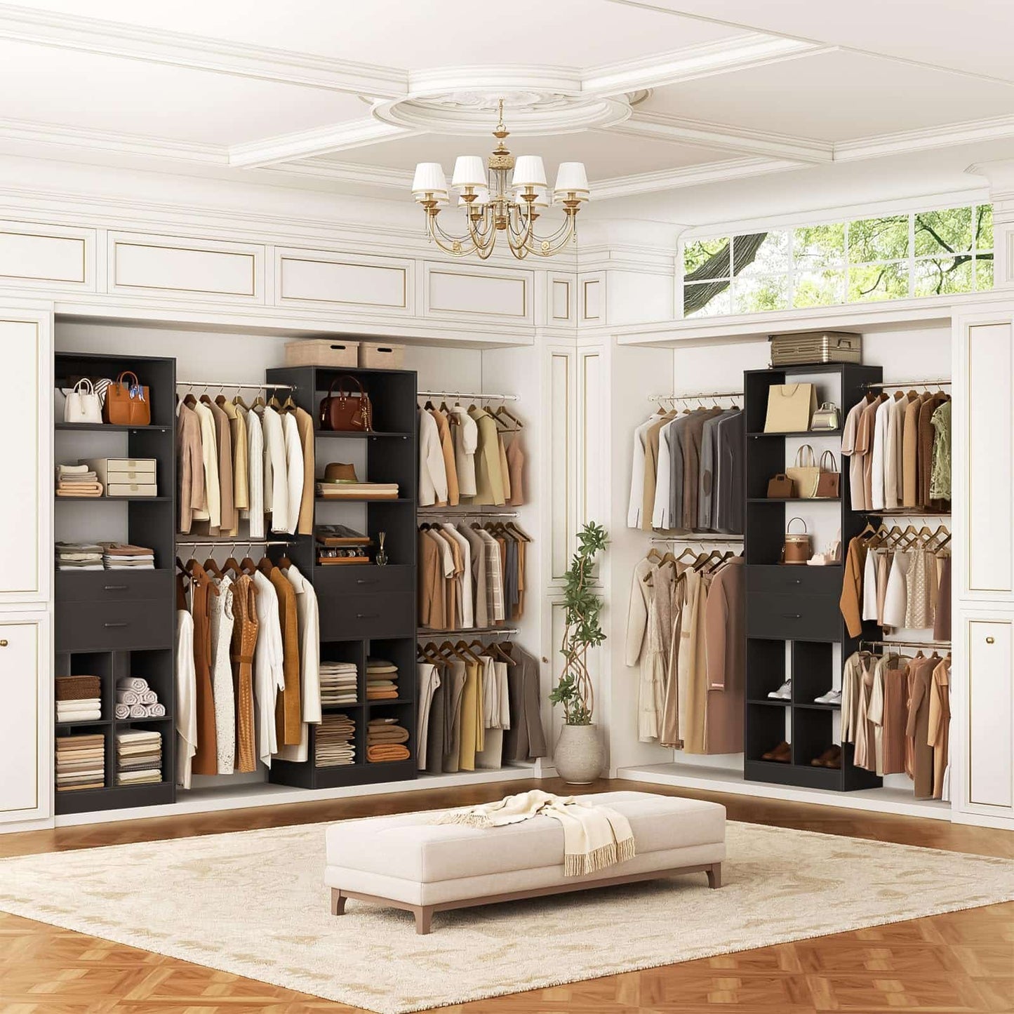 4-8 FT Walk-in Closet Organizer Tower, 2 Wooden Drawers + 5 Hang Rods, Built-in Shelves, Fit 60-96'' Closet Systems