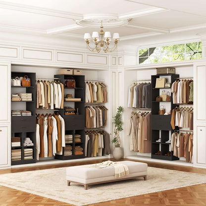 4-8 FT Walk-in Closet Organizer Tower, 2 Wooden Drawers + 5 Hang Rods, Built-in Shelves, Fit 60-96'' Closet Systems