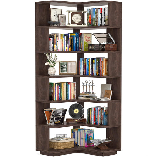 7-Tier Corner Bookshelf - Freestanding L-Shaped Etagere with Baffle for Home Office, Living Room & Bedroom