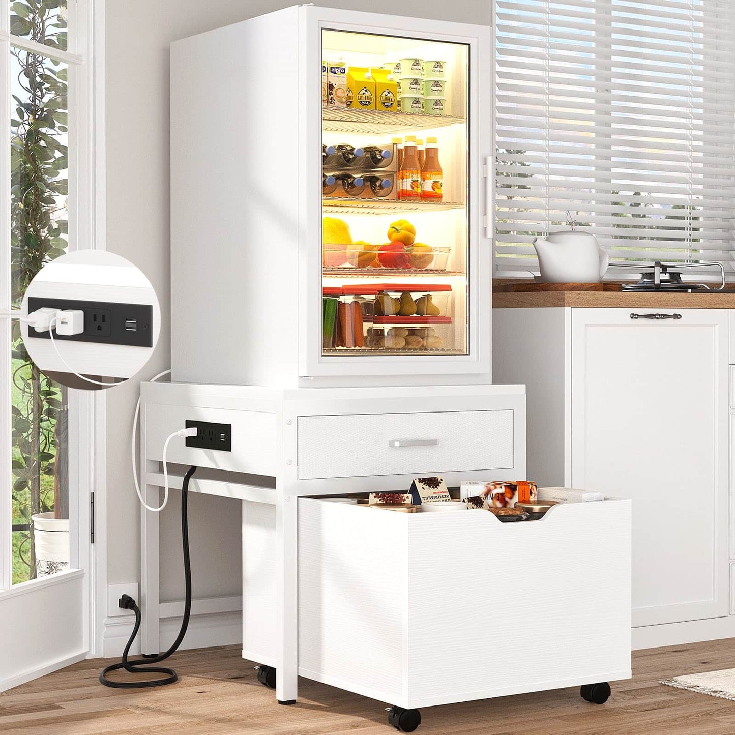 Mini Fridge Stand with Drawer Storage & Sockets, Heavy Duty Mini Refrigerator table with Rolling Cabinet