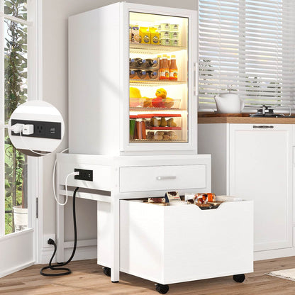 Mini Fridge Stand with Drawer Storage & Sockets, Heavy Duty Mini Refrigerator table with Rolling Cabinet