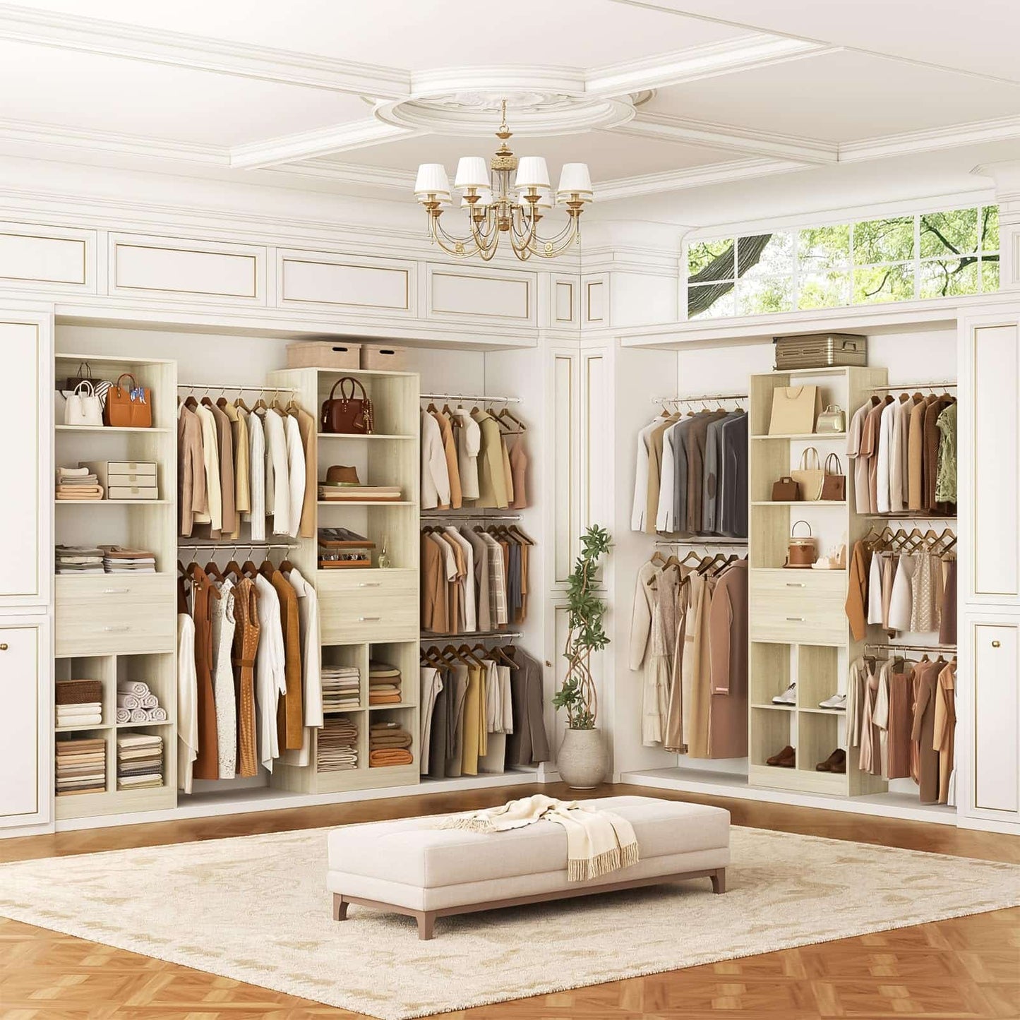 4-8 FT Walk-in Closet Organizer Tower, 2 Wooden Drawers + 5 Hang Rods, Built-in Shelves, Fit 60-96'' Closet Systems
