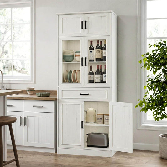 80" Tall Kitchen Pantry Storage Cabinet with Glass Doors, Adjustable Shelves & Drawer Organizer - Versatile Cupboard for Kitchen, Dining Room, Living Room, Bathroom