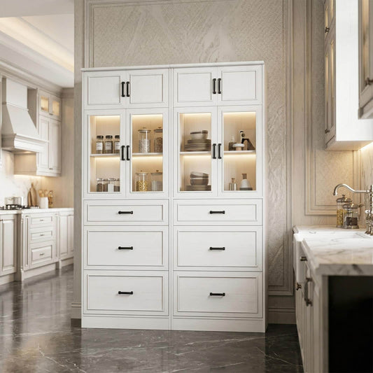 2-Pack 80" Tall Kitchen Pantry Storage Cabinets with Glass Doors, Adjustable Shelves & 3 Drawers - Versatile White Storage Cupboards
