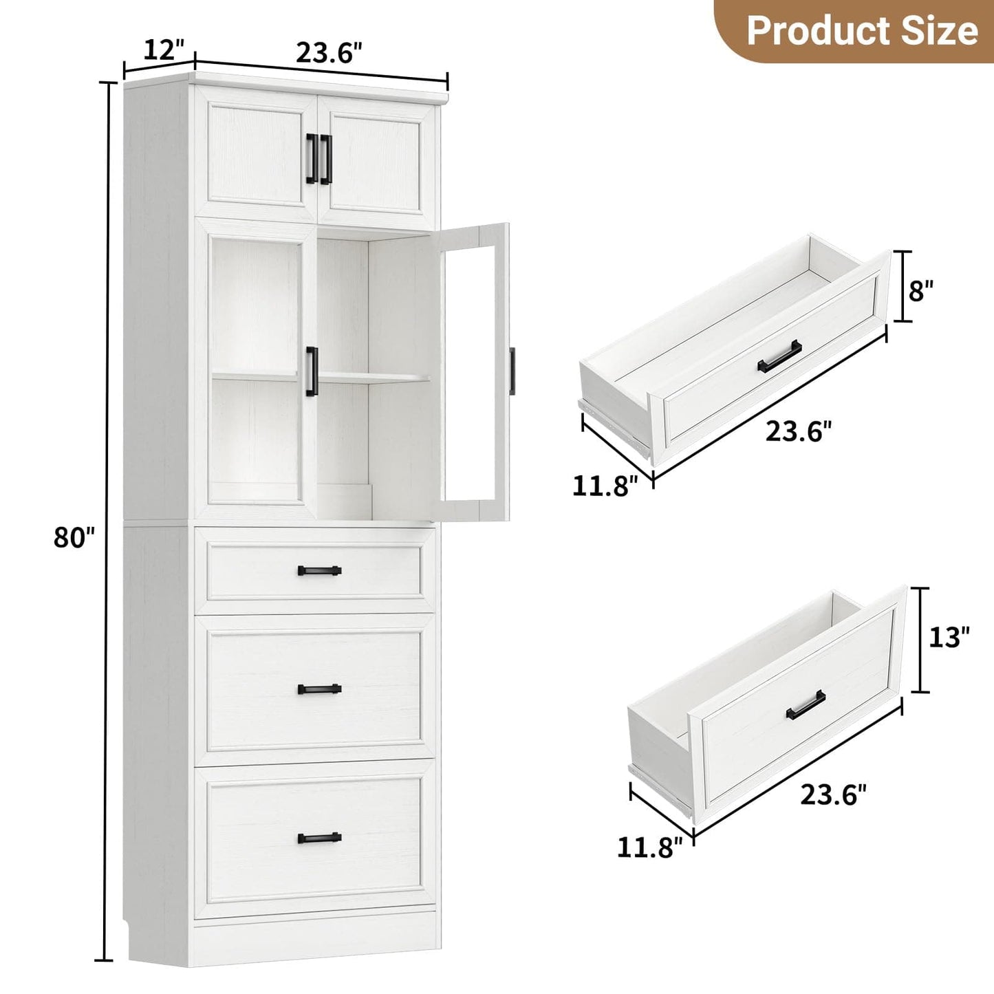 80" Tall Kitchen Pantry Cabinet with Glass Doors, 3 Drawers & Adjustable Shelves - Versatile Storage Cupboard