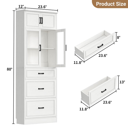 80" Tall Kitchen Pantry Cabinet with Glass Doors, 3 Drawers & Adjustable Shelves - Versatile Storage Cupboard