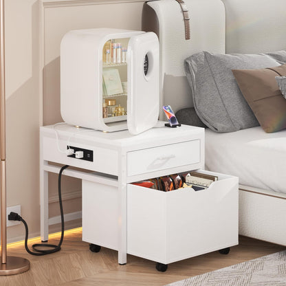Mini Fridge Stand with Drawer Storage & Sockets, Heavy Duty Mini Refrigerator table with Rolling Cabinet