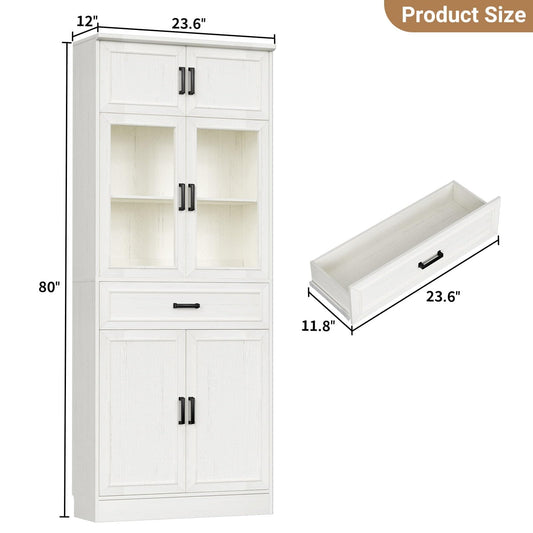 80" Tall Kitchen Pantry Storage Cabinet with Glass Doors, Adjustable Shelves & Drawer Organizer - Versatile Cupboard for Kitchen, Dining Room, Living Room, Bathroom