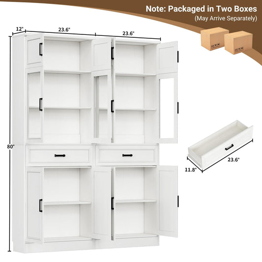 2-Pack 80" Tall Kitchen Pantry Cabinets - Freestanding Storage with Glass Doors, Adjustable Shelves & Drawer Organizer