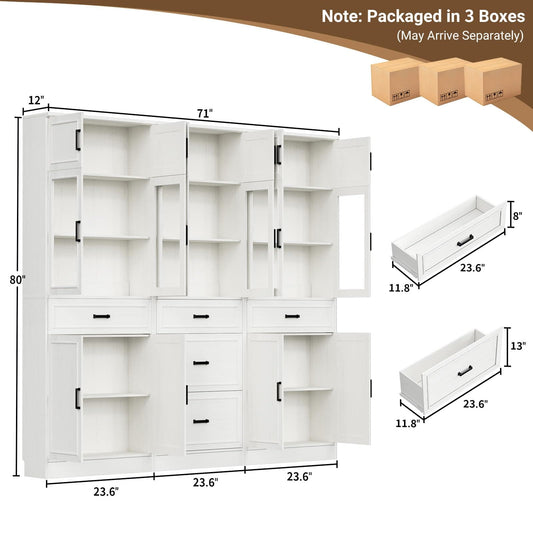 Farmhouse Storage Cabinet Bundle - 2-Pack 80" Tall Pantry Set + Single Tall Pantry Cabinet with Drawers, Space-Saving Design