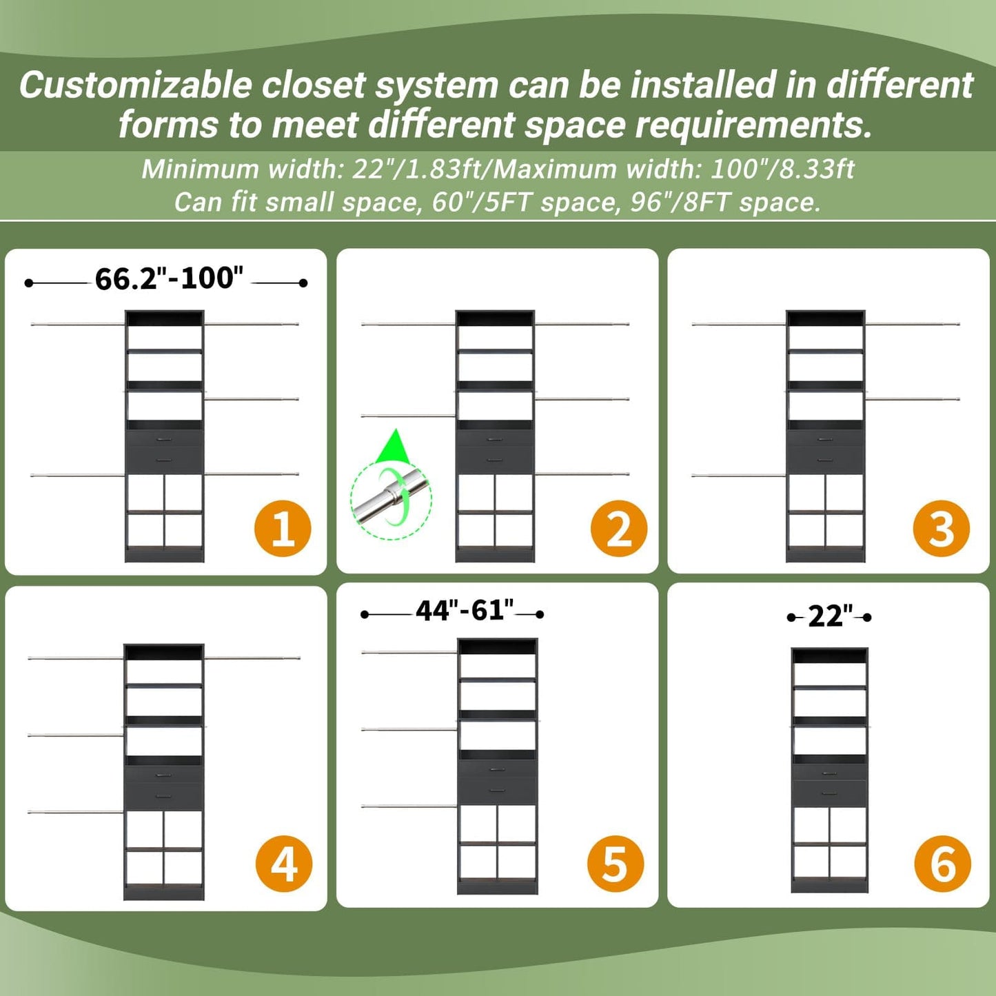 4-8 FT Walk-in Closet Organizer Tower, 2 Wooden Drawers + 5 Hang Rods, Built-in Shelves, Fit 60-96'' Closet Systems