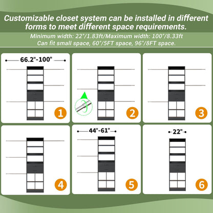 4-8 FT Walk-in Closet Organizer Tower, 2 Wooden Drawers + 5 Hang Rods, Built-in Shelves, Fit 60-96'' Closet Systems