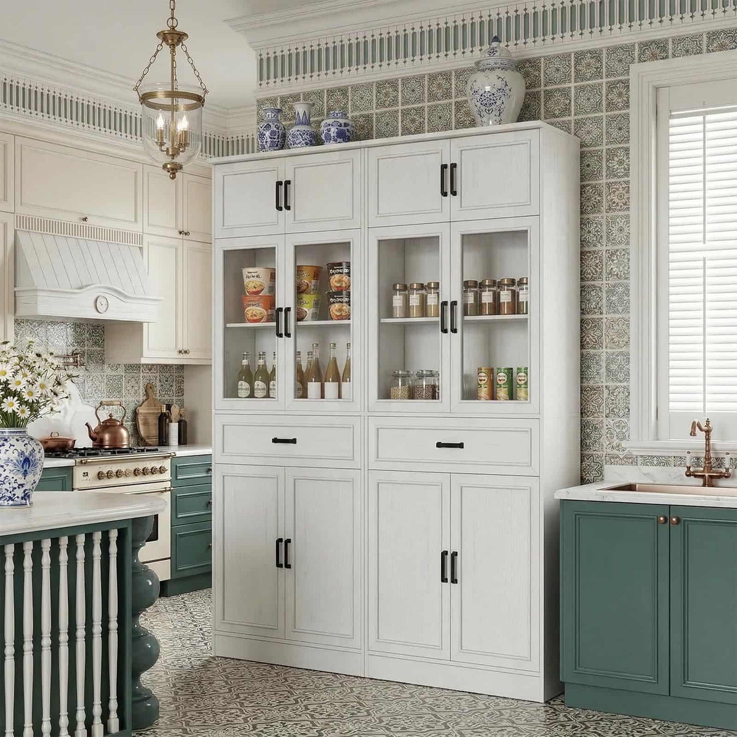 2-Pack 80" Tall Kitchen Pantry Cabinets - Freestanding Storage with Glass Doors, Adjustable Shelves & Drawer Organizer
