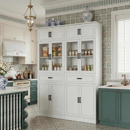 2-Pack 80" Tall Kitchen Pantry Cabinets - Freestanding Storage with Glass Doors, Adjustable Shelves & Drawer Organizer