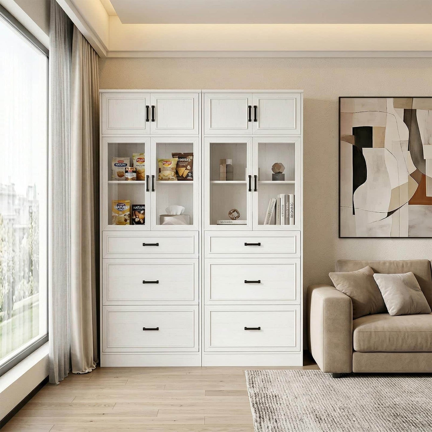 80" Tall Kitchen Pantry Cabinet with Glass Doors, 3 Drawers & Adjustable Shelves - Versatile Storage Cupboard