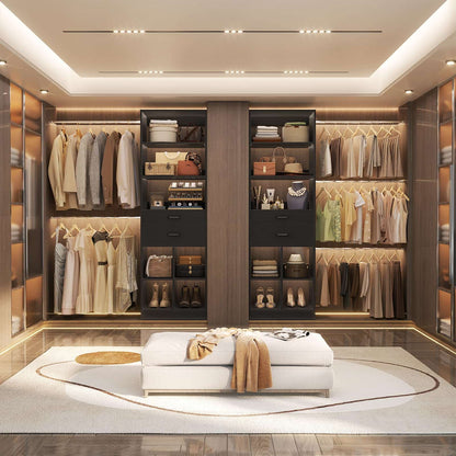 4-8 FT Walk-in Closet Organizer Tower, 2 Wooden Drawers + 5 Hang Rods, Built-in Shelves, Fit 60-96'' Closet Systems