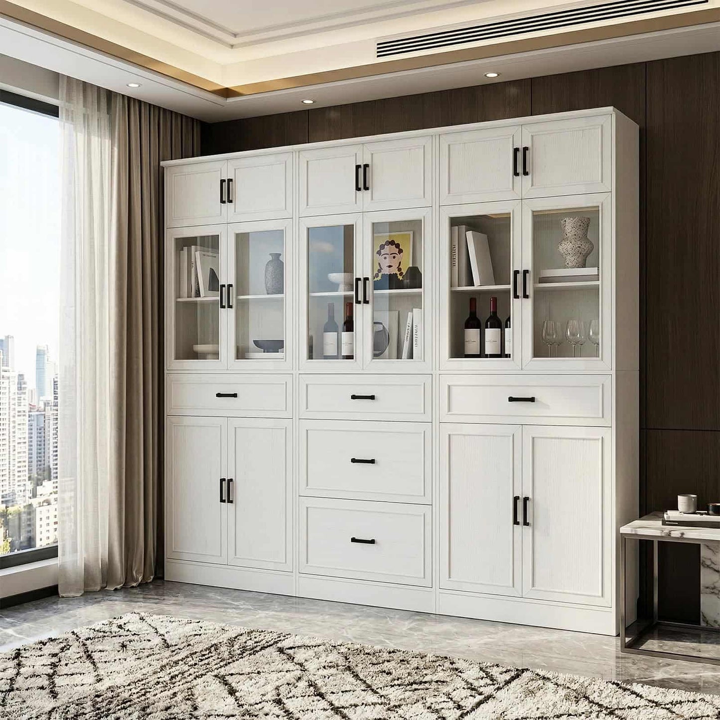 Farmhouse Storage Cabinet Bundle - 2-Pack 80" Tall Pantry Set + Single Tall Pantry Cabinet with Drawers, Space-Saving Design