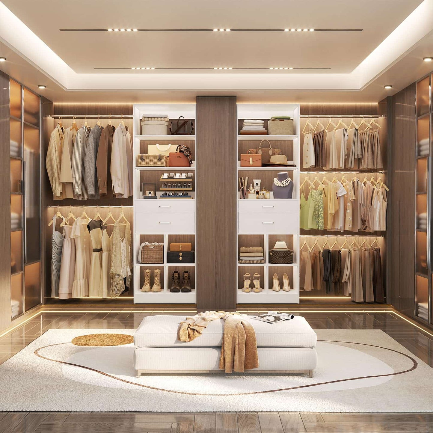 4-8 FT Walk-in Closet Organizer Tower, 2 Wooden Drawers + 5 Hang Rods, Built-in Shelves, Fit 60-96'' Closet Systems