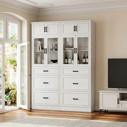 2-Pack 80" Tall Kitchen Pantry Storage Cabinets with Glass Doors, Adjustable Shelves & 3 Drawers - Versatile White Storage Cupboards