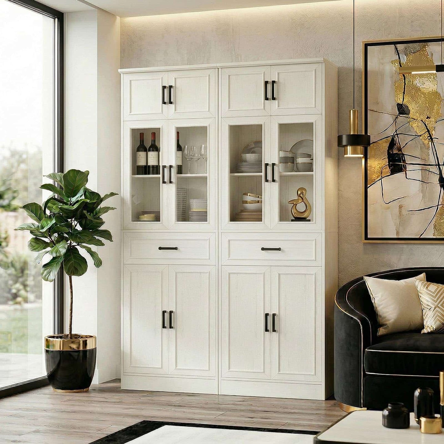 80" Tall Kitchen Pantry Storage Cabinet with Glass Doors, Adjustable Shelves & Drawer Organizer - Versatile Cupboard for Kitchen, Dining Room, Living Room, Bathroom