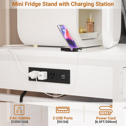 Mini Fridge Stand with Drawer Storage & Sockets, Heavy Duty Mini Refrigerator table with Rolling Cabinet